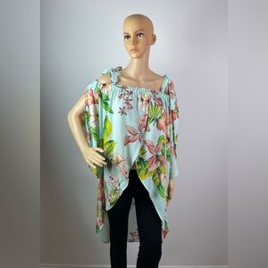 Floral Print High Low Off Shoulder Ruffle Sleeve Blouse